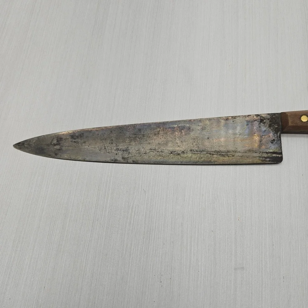 Vintage Carbon Steel Chef Knife 10.5 Inch Blade Wood Handle Full Tang Antique
